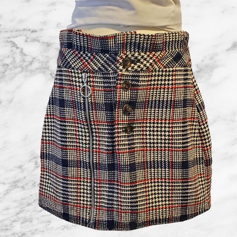 Topshop Plaid Mini Skirt Button Front Zip Detail Check Print - US Size 4